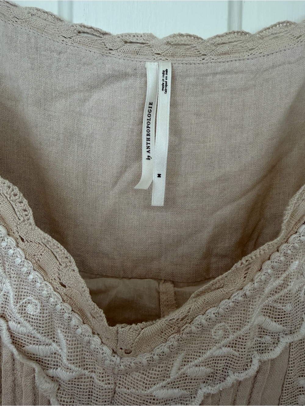 Anthropologie Beige & White Embroidered Spaghetti Strap Sundress - Picture 3 of 7